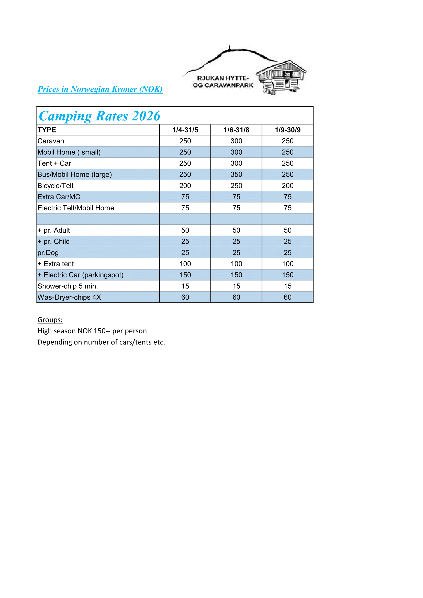 Camping prices 2026